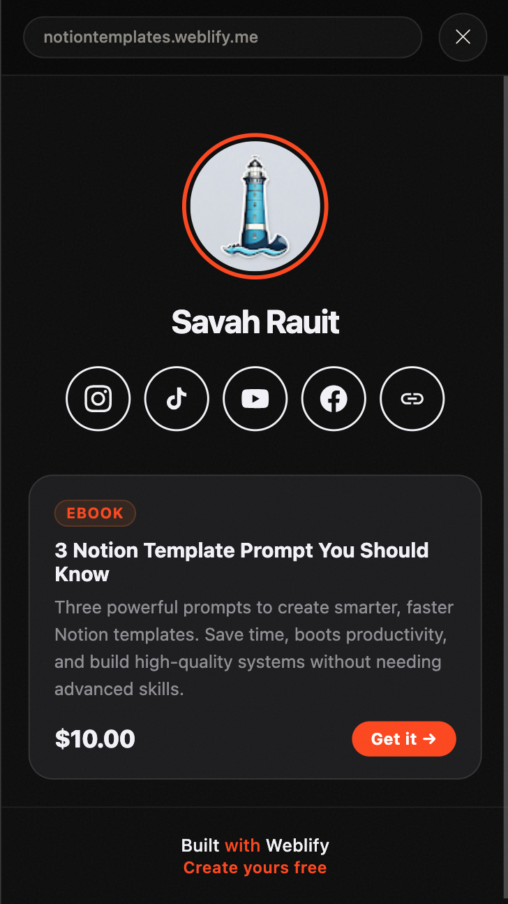 A creator's product page on Weblify.me showing a digital product listed for sale